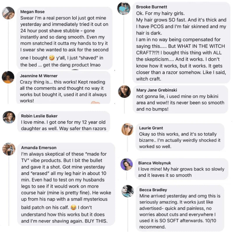 Text-based review comments on a product with user names and text.