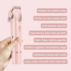 Pink hair removal device held by a hand with text highlighting its features on a pink background