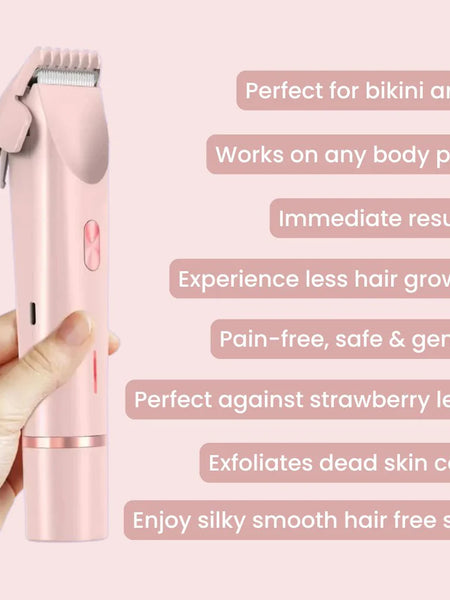 Pink hair removal device held by a hand with text highlighting its features on a pink background