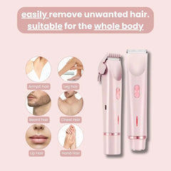 Pink hair removal device with illustrations of hair removal areas on a pink background
