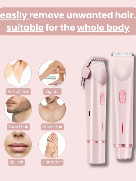 Pink hair removal device with illustrations of hair removal areas on a pink background