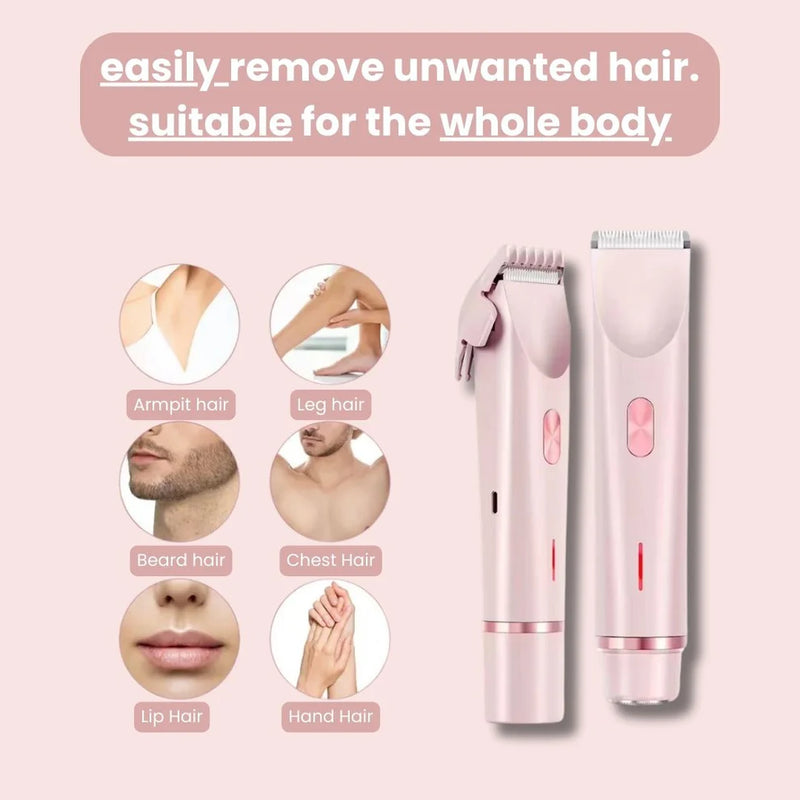 Pink hair removal device with illustrations of hair removal areas on a pink background