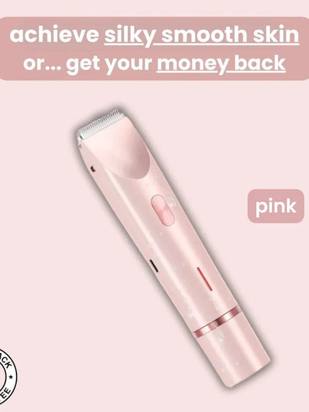 Pink hair removal device with text on a pink background