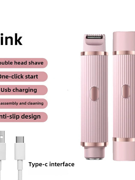 Pink electric shaver with charging cable on a white background