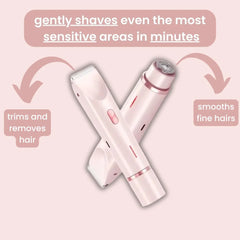Two pink grooming devices on a light pink background with text indicating their functions.