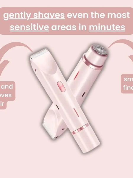 Two pink grooming devices on a light pink background with text indicating their functions.