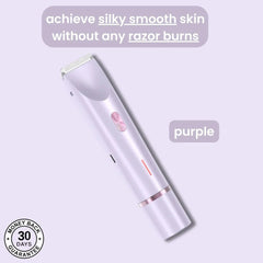 Purple hair removal device with text on a light purple background