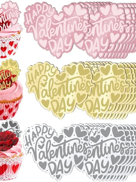 10pcs Romance Acrylic Heart Gold Valentines Cake Topper for Party Decor Supplies Baking Decorating Tool