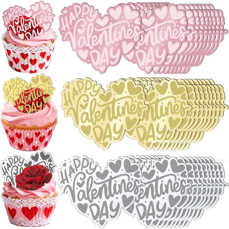 10pcs Romance Acrylic Heart Gold Valentines Cake Topper for Party Decor Supplies Baking Decorating Tool