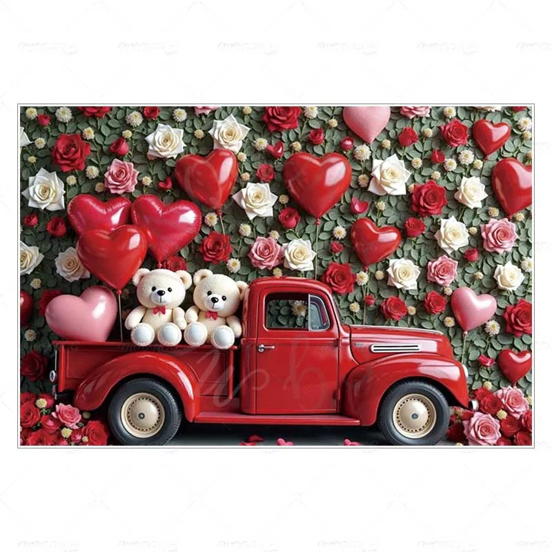 MOON.QG February 14 Decoration Backdrop Red Pink Car Rose Wreath Valentines Day Photo Background Photocall Poster Wallpaper