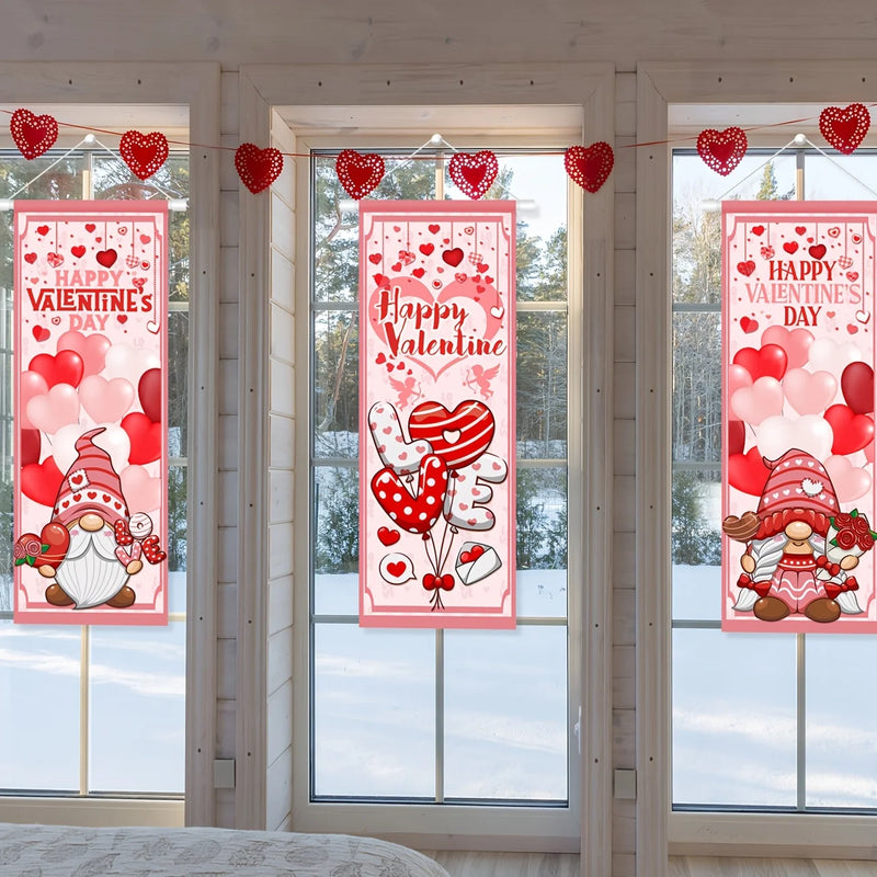 Valentine's Day Decorations Romantic Happy Valentine's Day Stretching Posters 3 Pcs Valentines Day Red and Pink Gnome Sign Backd