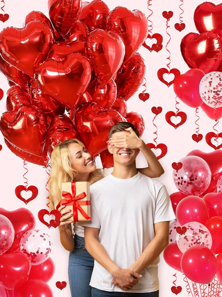 Red Heart Balloons Set, 30Pcs Heart Shaped Balloons and 50Pcs Red Hanging Streamer for Valentines Decorations, Proposal, Wedding