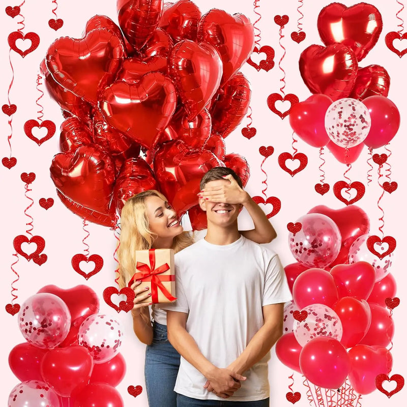 Red Heart Balloons Set, 30Pcs Heart Shaped Balloons and 50Pcs Red Hanging Streamer for Valentines Decorations, Proposal, Wedding