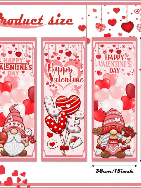 Valentine's Day Decorations Romantic Happy Valentine's Day Stretching Posters 3 Pcs Valentines Day Red and Pink Gnome Sign Backd