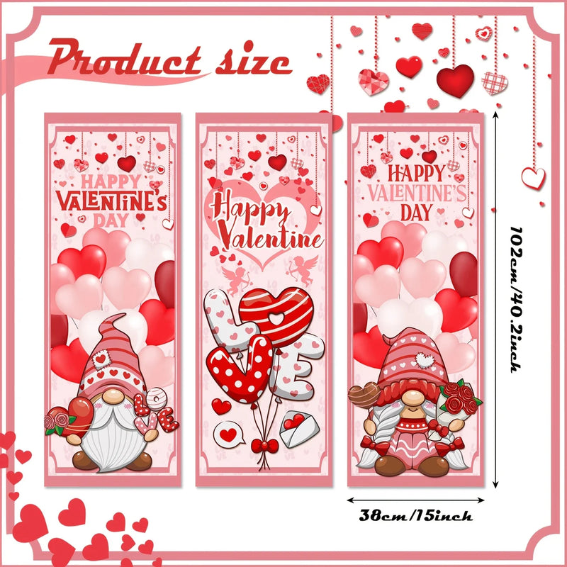 Valentine's Day Decorations Romantic Happy Valentine's Day Stretching Posters 3 Pcs Valentines Day Red and Pink Gnome Sign Backd