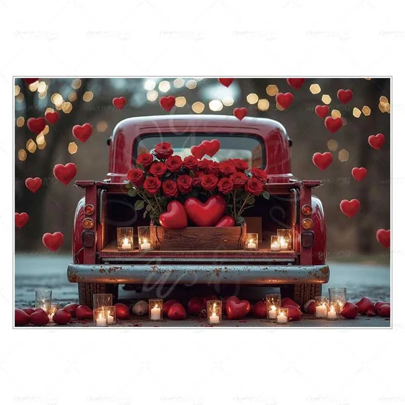 MOON.QG February 14 Decoration Backdrop Red Pink Car Rose Wreath Valentines Day Photo Background Photocall Poster Wallpaper