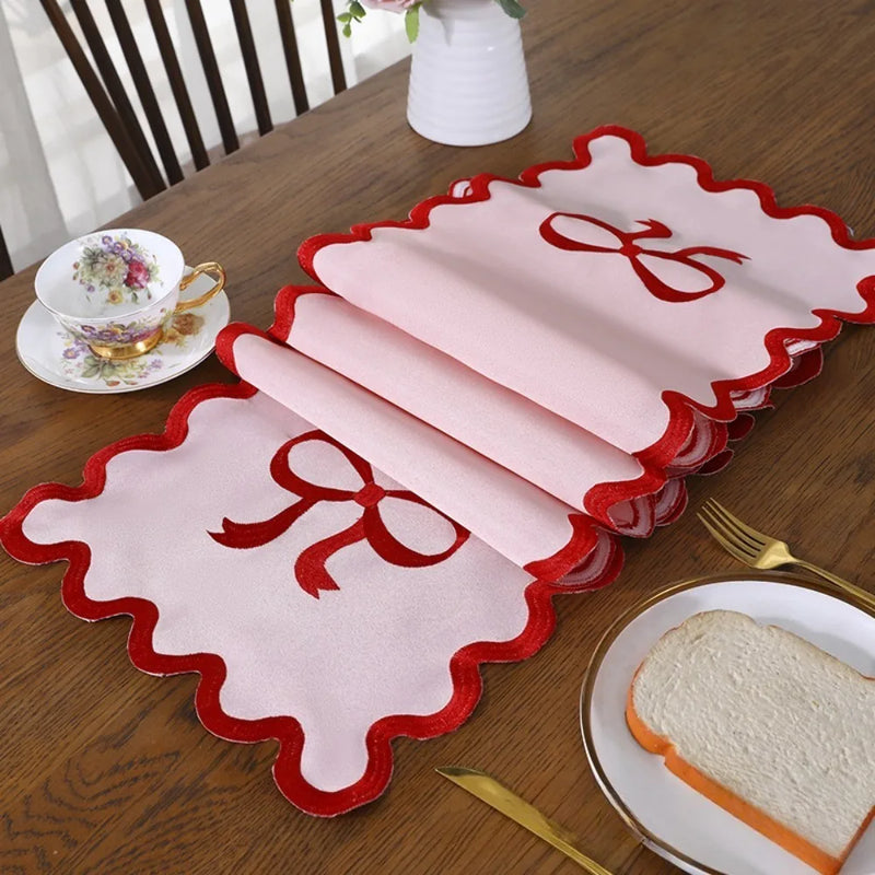 1PC Elegant Pink Table Runner with Red Bow Embroidery & Wave Edge Festive Table Decor for Wedding Valentine's Day Mother's Day