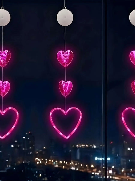 Valentines Day Decor Window Led Lights Decorations with Timer Hanging Red Lighted Heart Shaped Silhouette Sucker