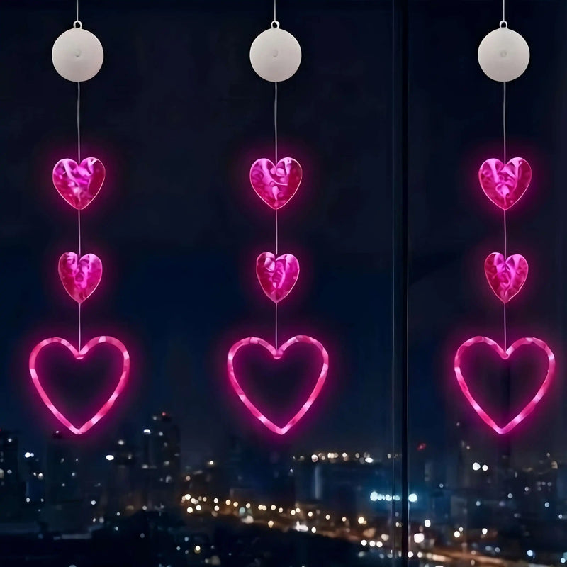 Valentines Day Decor Window Led Lights Decorations with Timer Hanging Red Lighted Heart Shaped Silhouette Sucker