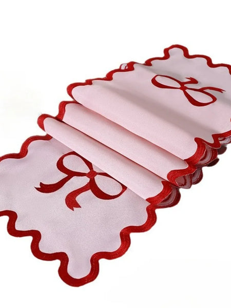 1PC Elegant Pink Table Runner with Red Bow Embroidery & Wave Edge Festive Table Decor for Wedding Valentine's Day Mother's Day