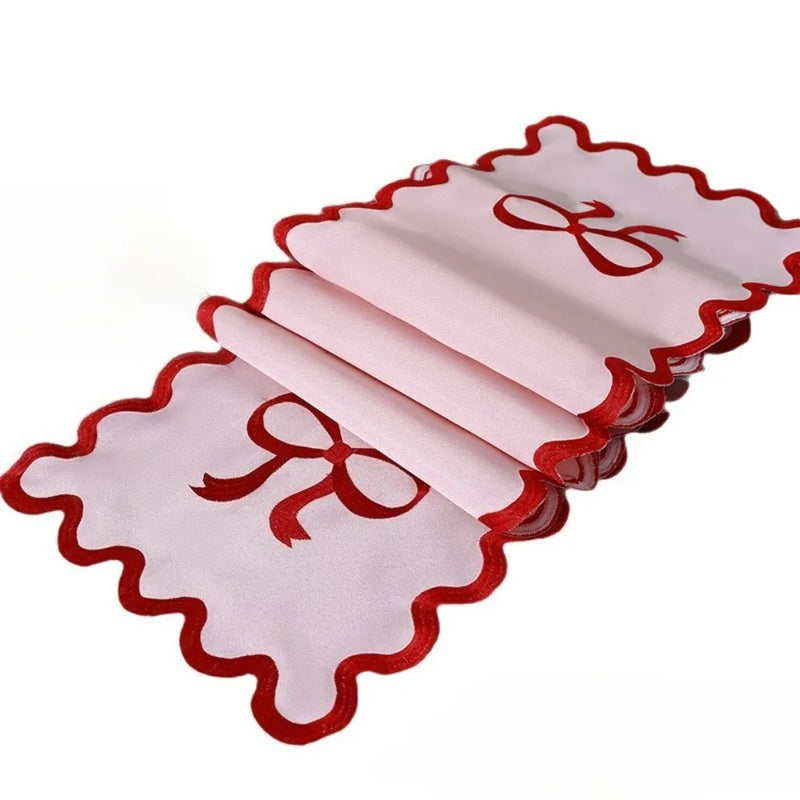 1PC Elegant Pink Table Runner with Red Bow Embroidery & Wave Edge Festive Table Decor for Wedding Valentine's Day Mother's Day