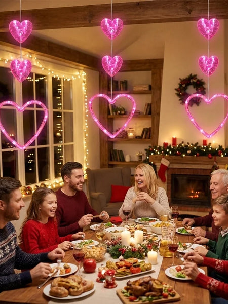 Valentines Day Decor Window Led Lights Decorations with Timer Hanging Red Lighted Heart Shaped Silhouette Sucker