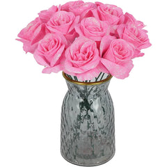 6Pcs 27cm Silk Red Glitter Artificial Rose Flowers Fake Bouquet for Home Room Wedding Decoration Valentines Day Gift Accessories