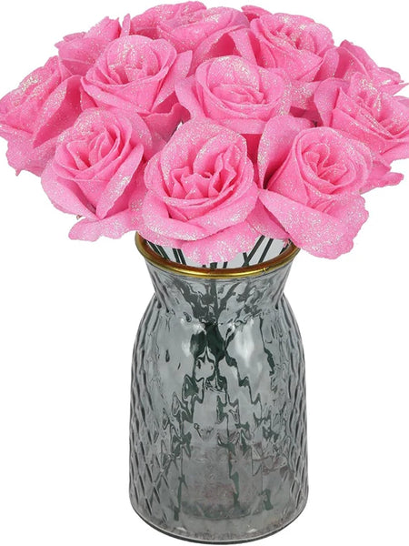 6Pcs 27cm Silk Red Glitter Artificial Rose Flowers Fake Bouquet for Home Room Wedding Decoration Valentines Day Gift Accessories