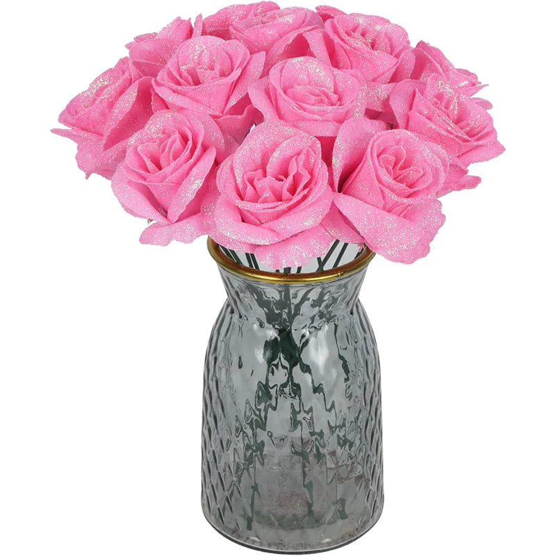 6Pcs 27cm Silk Red Glitter Artificial Rose Flowers Fake Bouquet for Home Room Wedding Decoration Valentines Day Gift Accessories