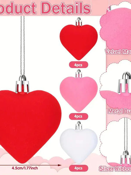 12 velvet heart-shaped hanging decorations, suitable for Valentine's Day tree decoration and wedding anniversary celebrations