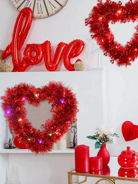 1pc Valentine's Day Hearts Garland with String Light,Romantic Heart-Shaped Wreath for Valentine’s Day Anniversary Wedding Decor