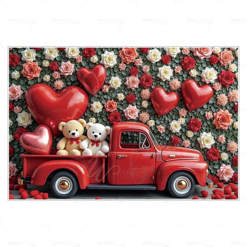 MOON.QG February 14 Decoration Backdrop Red Pink Car Rose Wreath Valentines Day Photo Background Photocall Poster Wallpaper