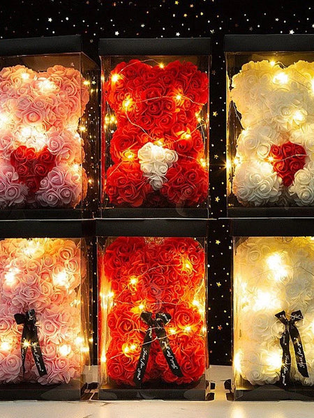 25cm Artificial Teddy Rose Flower Bear with Box Romantic Valentines Day Gift Girlfriend Women Anniversary Wedding Party Supplies