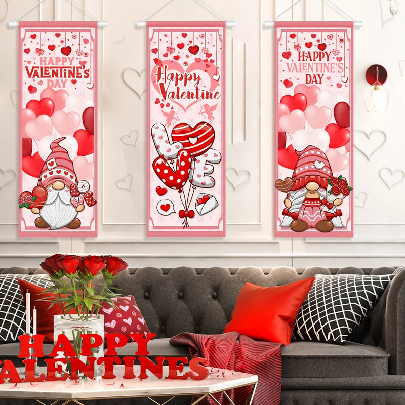 Valentine's Day Decorations Romantic Happy Valentine's Day Stretching Posters 3 Pcs Valentines Day Red and Pink Gnome Sign Backd