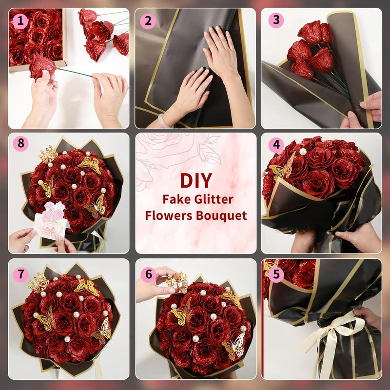 12/24pcs Red Glitter Roses Bouquet DIY Gift Set Everlasting Shiny Artificial Rose for Valentines  Anniversary Engagement Wedding