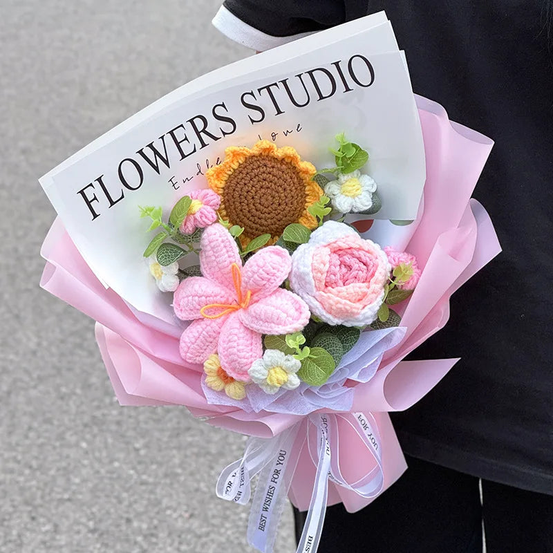 Knitted Flower Bouquet Handmade Crochet Flower Bouquet Mother's Day Gift Finished Hand-woven Flower Birthday Valentines Day Gift