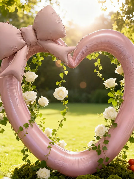 Pink hollow heart-shaped aluminum foil balloons and bow balloons, used for birthday parties, Valentine's Day, shower decorations