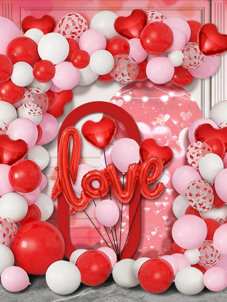 128Pcs Valentine's Day Red and Pink Heart-Shaped Foil Balloon Garland Arch Set, with Love-Shaped Balloons, Suitable for Birthday and Wedding Party Decorations