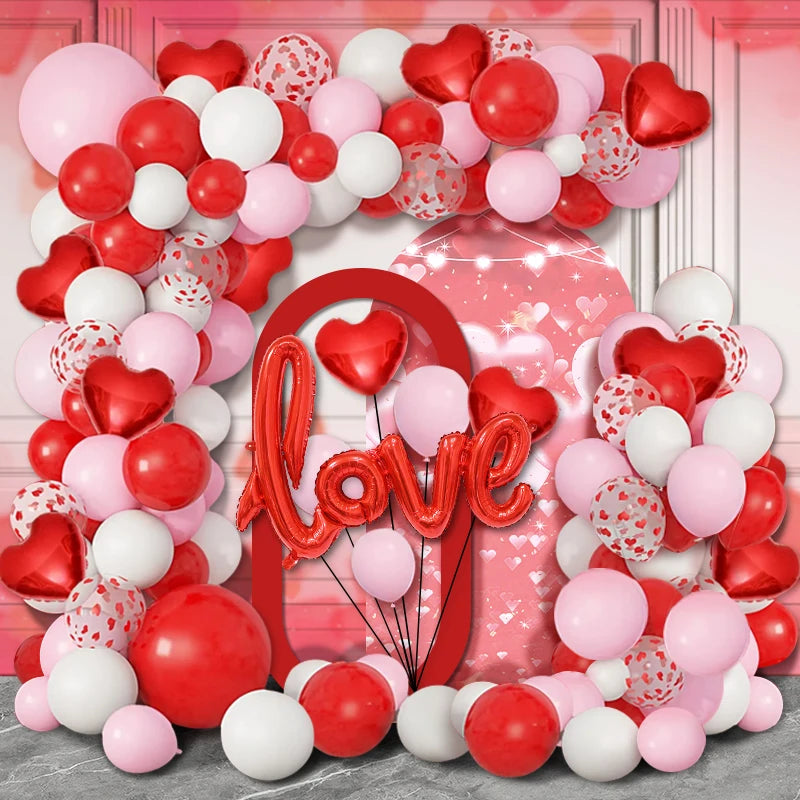 128Pcs Valentine's Day Red and Pink Heart-Shaped Foil Balloon Garland Arch Set, with Love-Shaped Balloons, Suitable for Birthday and Wedding Party Decorations