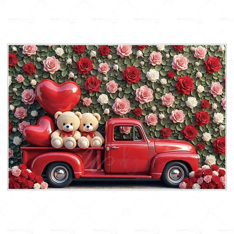 MOON.QG February 14 Decoration Backdrop Red Pink Car Rose Wreath Valentines Day Photo Background Photocall Poster Wallpaper