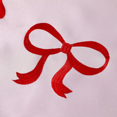 1PC Elegant Pink Table Runner with Red Bow Embroidery & Wave Edge Festive Table Decor for Wedding Valentine's Day Mother's Day