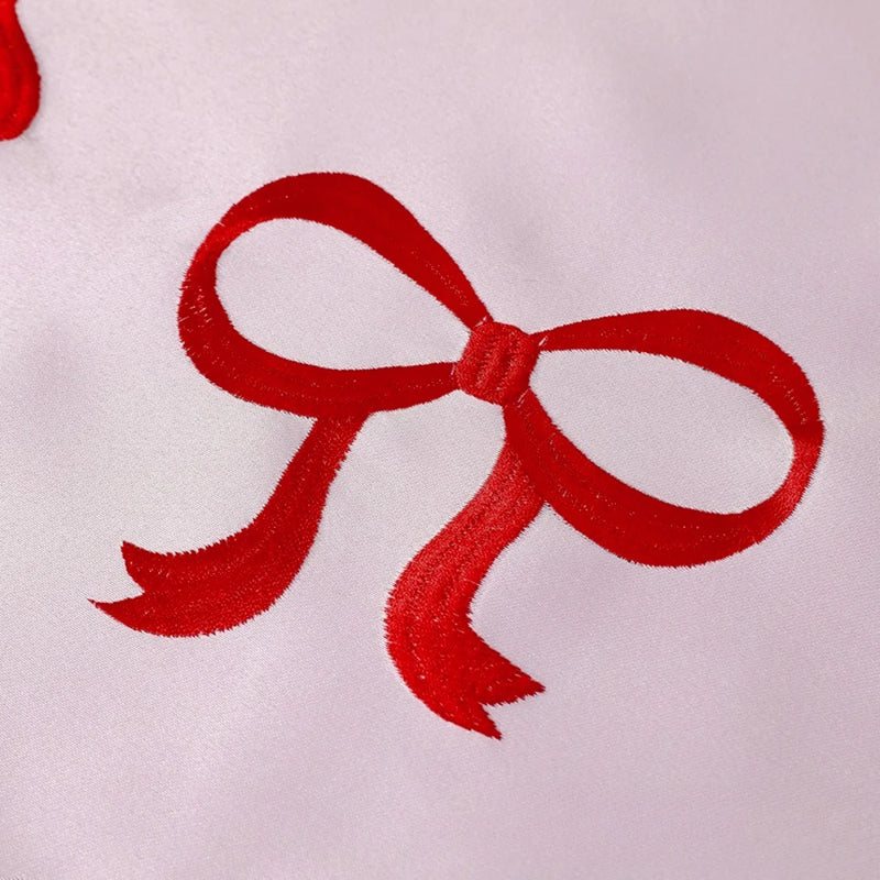 1PC Elegant Pink Table Runner with Red Bow Embroidery & Wave Edge Festive Table Decor for Wedding Valentine's Day Mother's Day