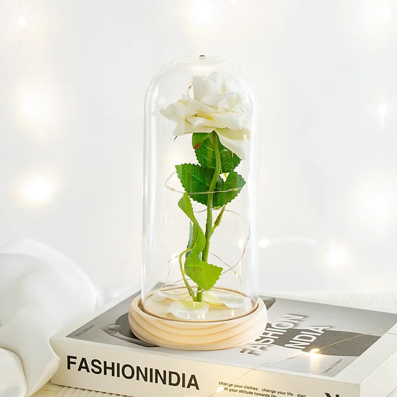 Acrylic Dome Eternal Rose Artificial Flowers Gift for Valentine Wedding Birthday Home Decor Room Desk Decorations Fake Flowers