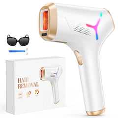 Hair removal device with packaging and accessories on a white background