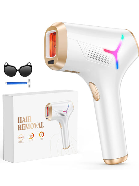 Hair removal device with packaging and accessories on a white background