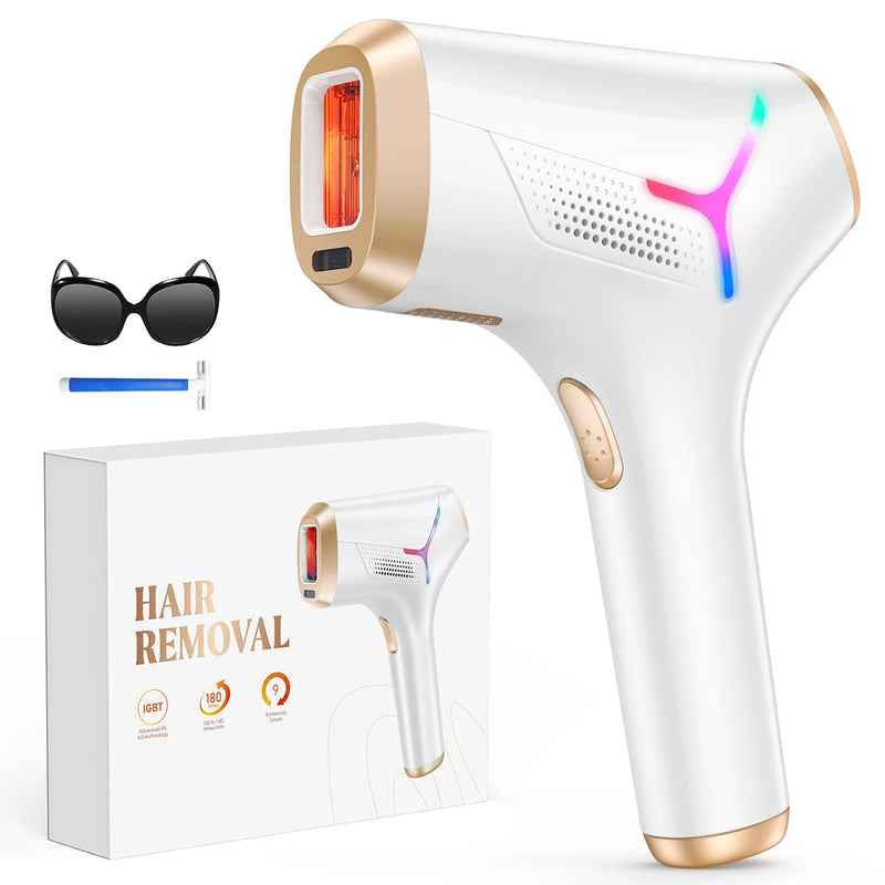 Hair removal device with packaging and accessories on a white background