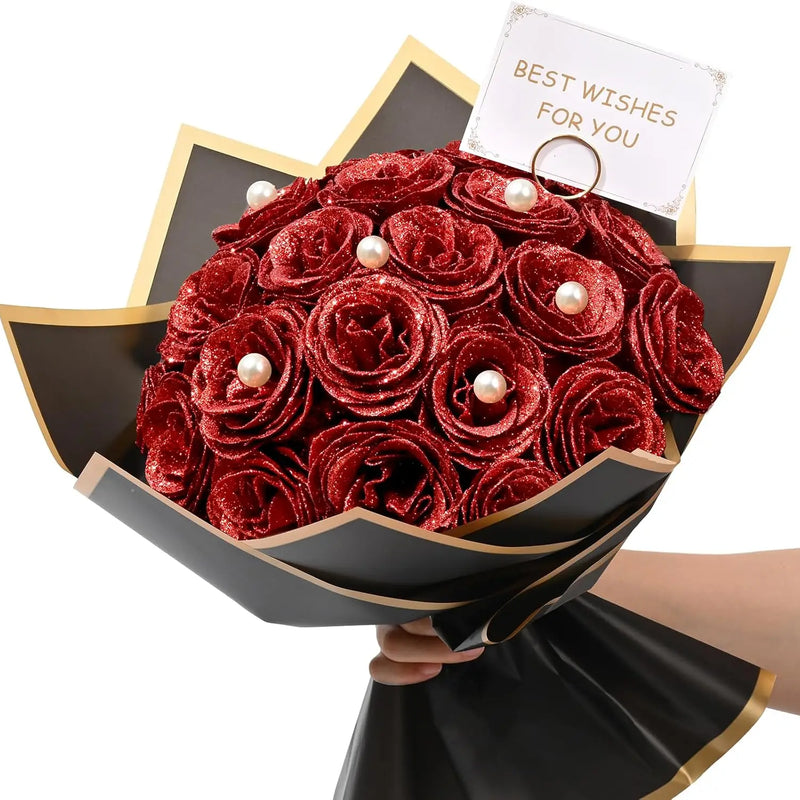 12/24pcs Red Glitter Roses Bouquet DIY Gift Set Everlasting Shiny Artificial Rose for Valentines  Anniversary Engagement Wedding