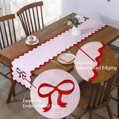 1PC Elegant Pink Table Runner with Red Bow Embroidery & Wave Edge Festive Table Decor for Wedding Valentine's Day Mother's Day