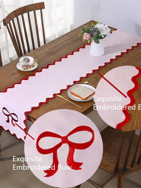 1PC Elegant Pink Table Runner with Red Bow Embroidery & Wave Edge Festive Table Decor for Wedding Valentine's Day Mother's Day
