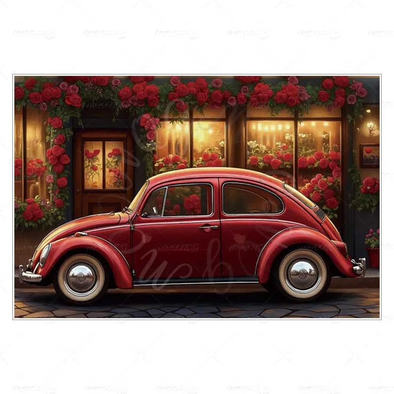 MOON.QG February 14 Decoration Backdrop Red Pink Car Rose Wreath Valentines Day Photo Background Photocall Poster Wallpaper